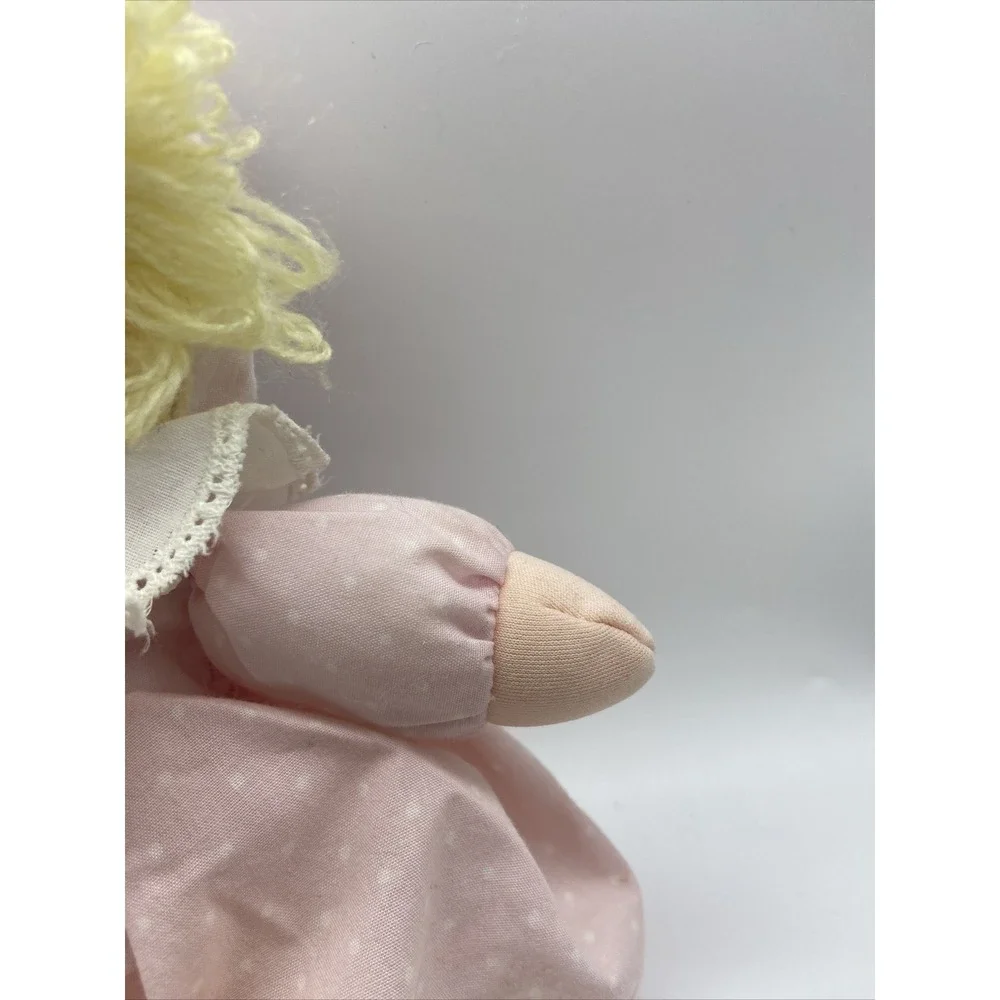 Vintage Eden Plush Rag Doll Yellow Yarn Hair Pink Polka Dot Dress Lace Collar